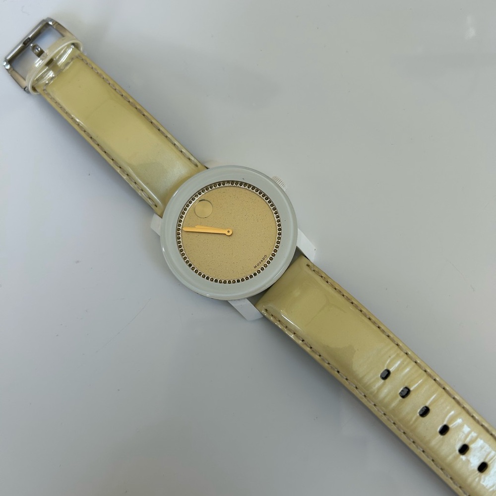 Movado  Gold/ White Face Watch with Leather Strap